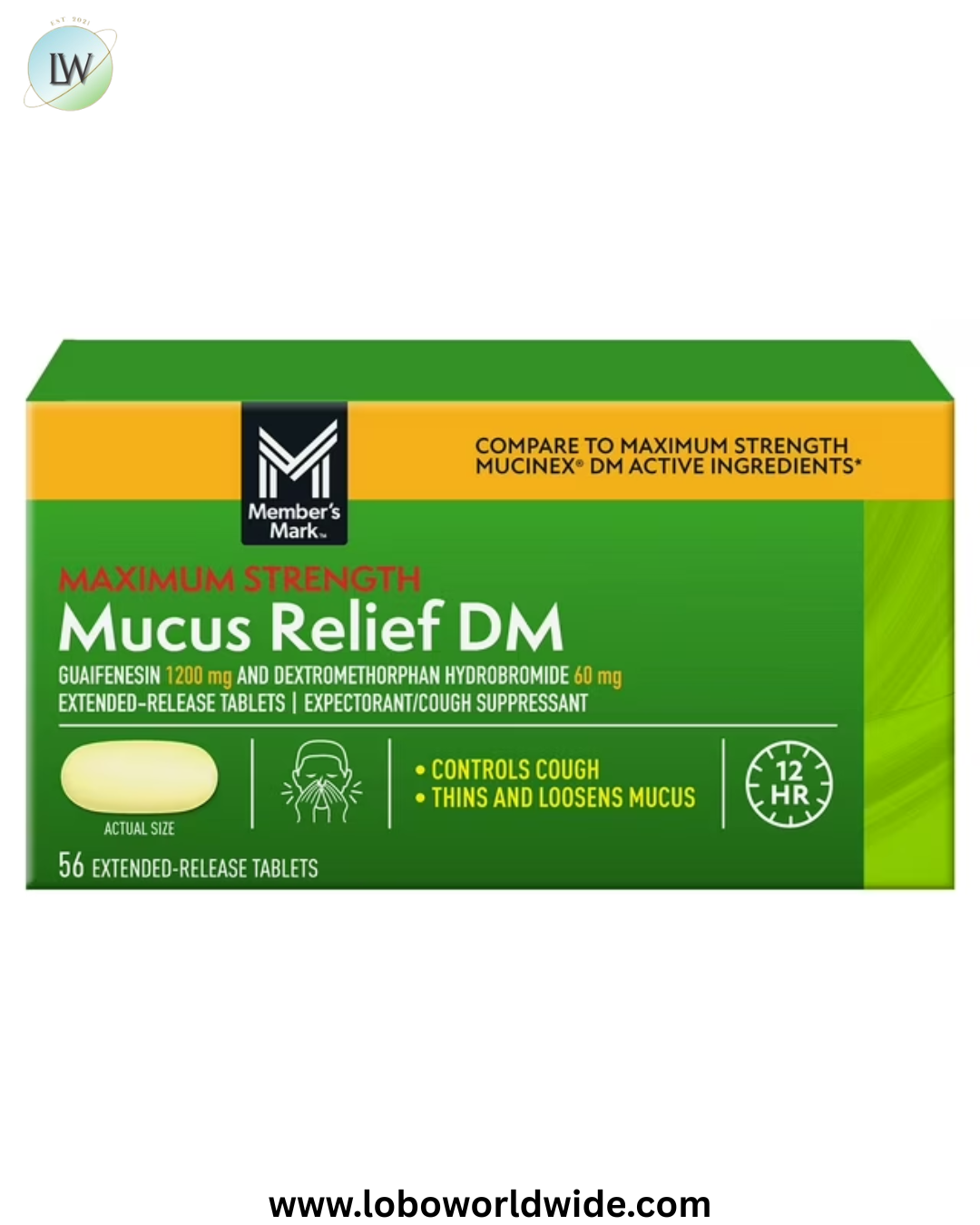 Member's Mark Maximum Strength Mucus-DM Guaifenesin and Dextromethorphan Hydrobromide Extended-Release Tablets, 1200 mg/60 mg, 56 ct.