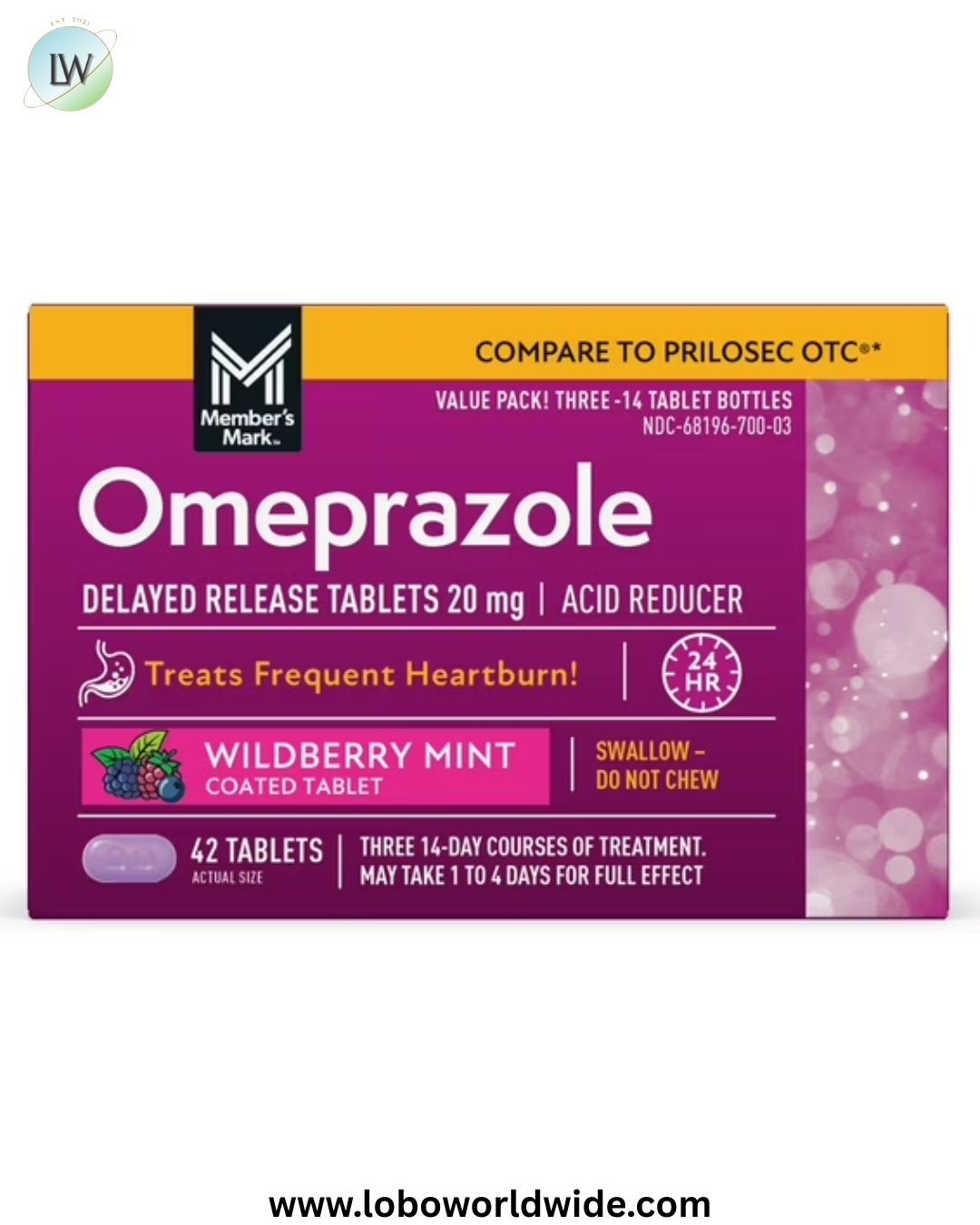 Member's Mark Wildberry Mint Omeprazole Tablets, 20mg, 42 ct.