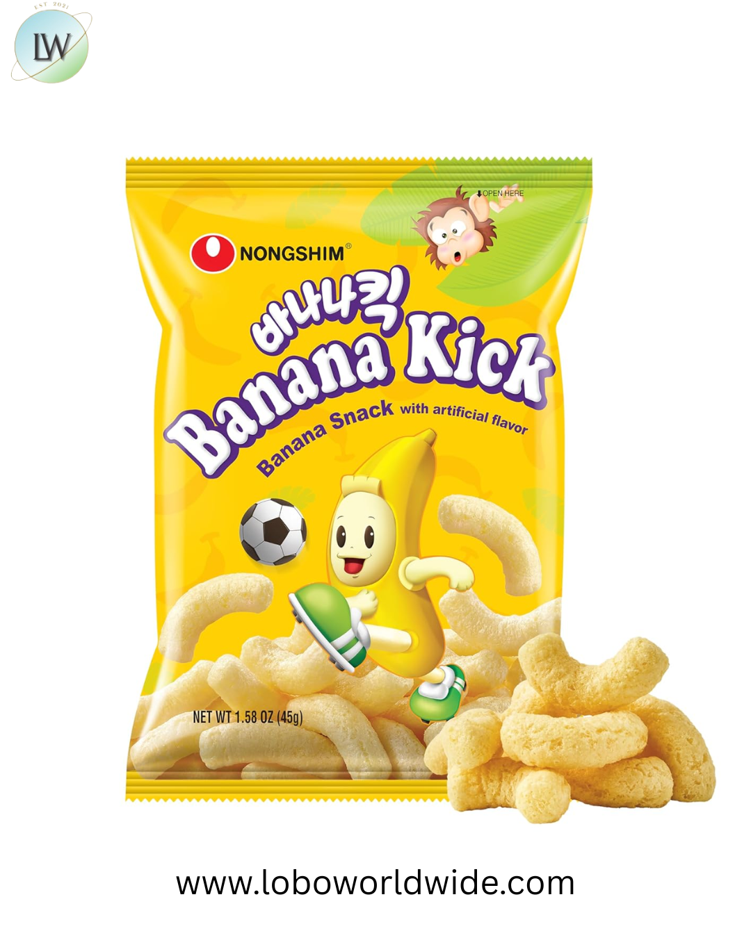 Nongshim Banana Kick Puff Snack - Crispy Corn Puff with Banana Flavor, Soft and Sweet Fruit Snack for All Ages, K-Pop Favorite Korean Treat, 1.58 oz (Pack of 20)