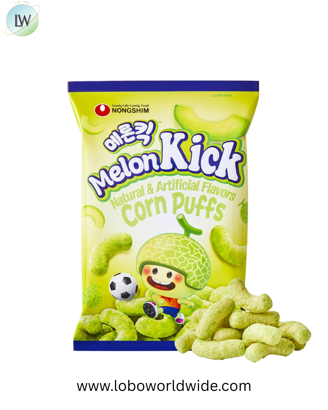 Nongshim Melon Kick Puff Snack - Sweet and Crispy Corn Puff with Creamy Melon Flavor - Crunchy and Smooth Fruit Puff, Light Korean Snack, 1.58 oz (Pack of 20)