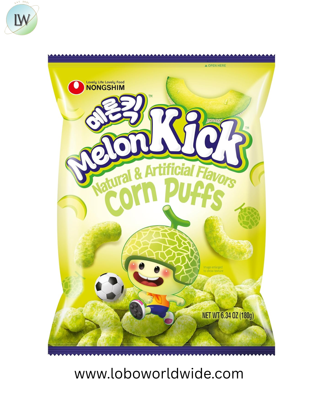 Nongshim Melon Kick Big Bag, Sweet and Crispy Corn Puff with Creamy Melon Flavor, Crunchy and Smooth Fruit Puff, Light Korean Snack, 6.34 oz
