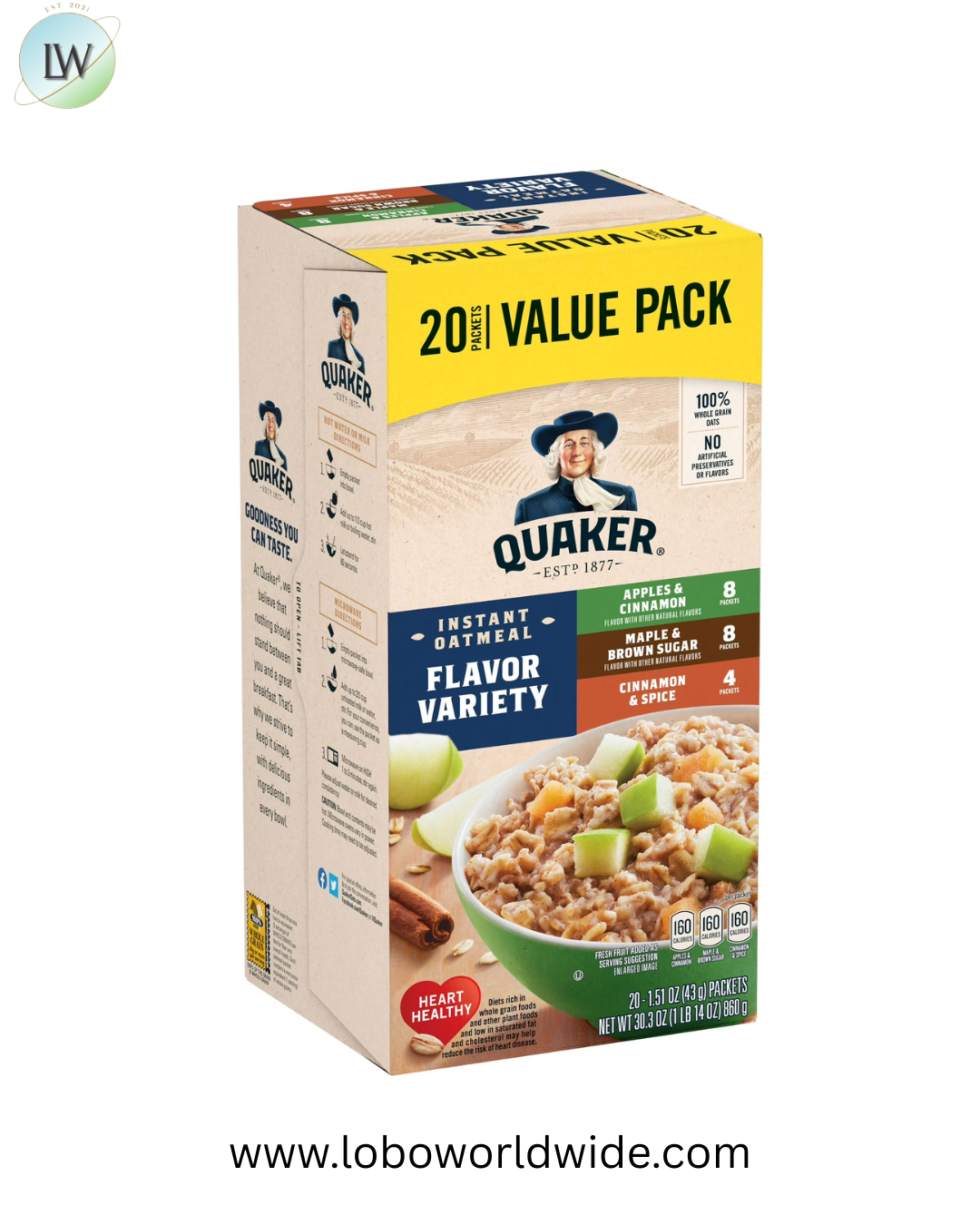 Quaker Instant Oatmeal, Flavor Variety Value Pack, 20 Packets (8 Apples & Cinnamon, 8 Maple & Brown Sugar, 4 Cinnamon Spice)