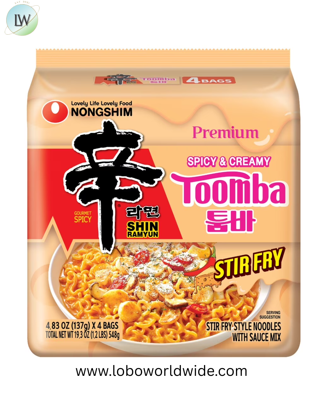 Nongshim Shin Toomba Stir Fry Creamy Premium Ramen Noodle Soup Pack, 4.83 oz X 4 Count, Shelf-Stable