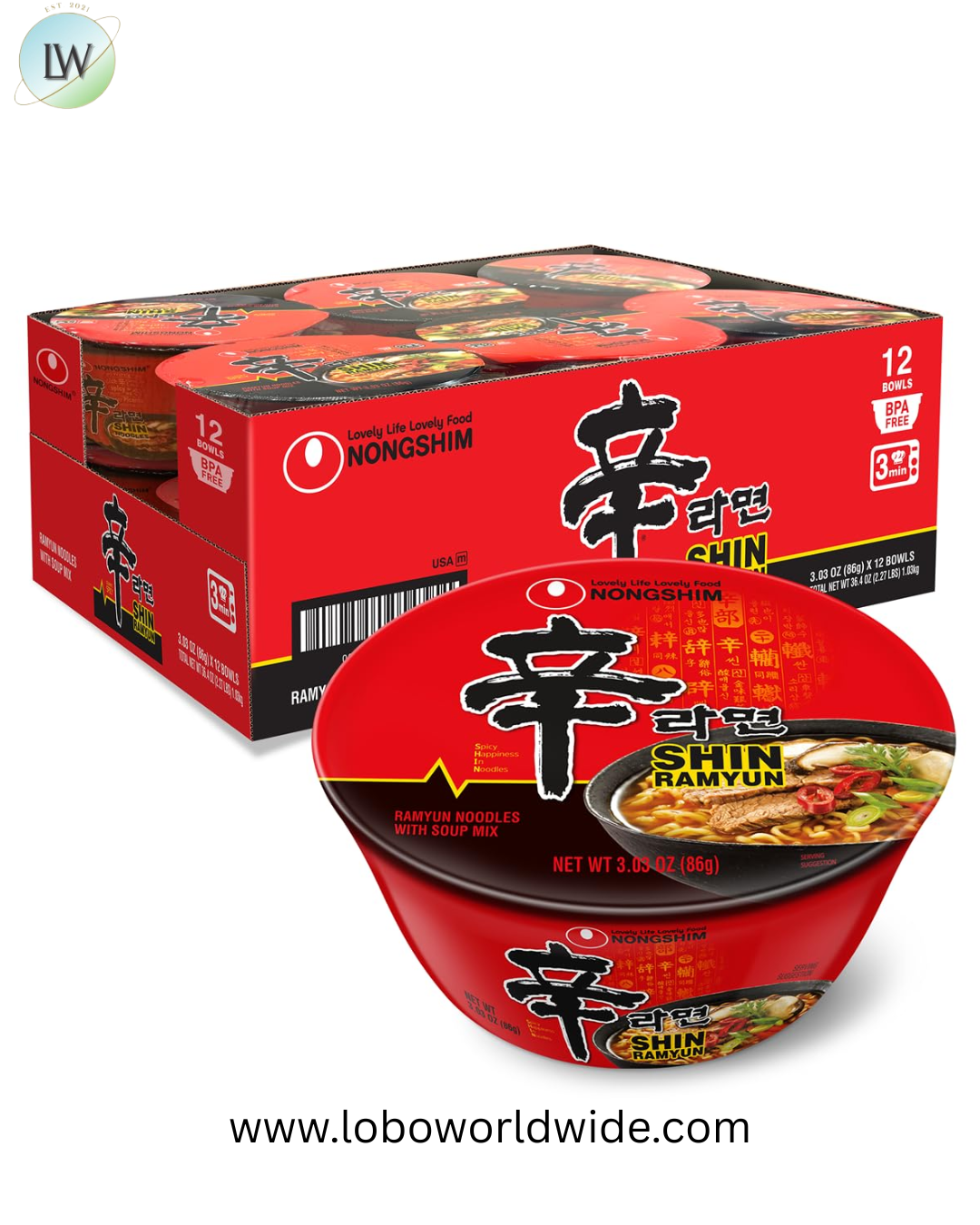 Nongshim Shin Ramyun Bowl Noodles, Spicy Korean Signature Instant Ramyun, Rich Beef Flavored Broth, Quick and Easy, Microwaveable Bowl, 3.03 oz (Pack of 12)