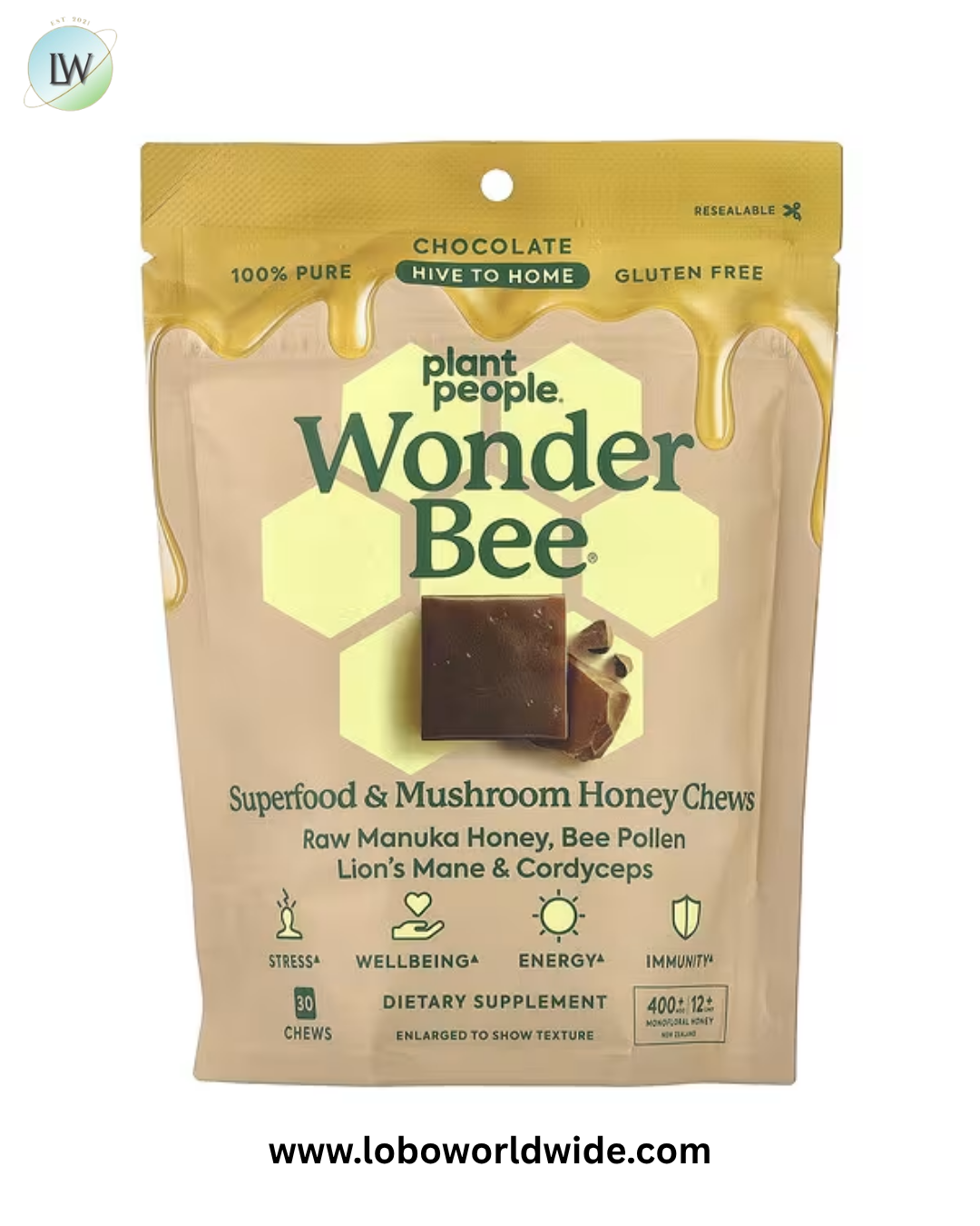 Plant People, WonderBee®, Superfood & Mushroom Honey Chews, Chocolate, 30 Chews