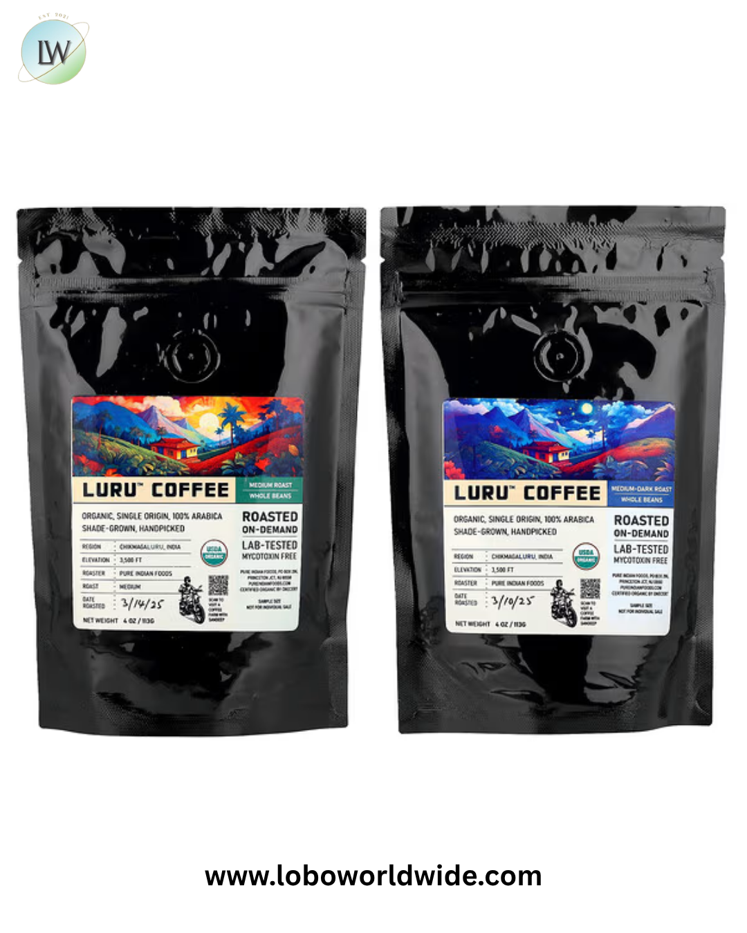 Pure Indian Foods, Luru™ Coffee, Whole Beans Sampler, 2 Packs, 4 oz (113 g) Each