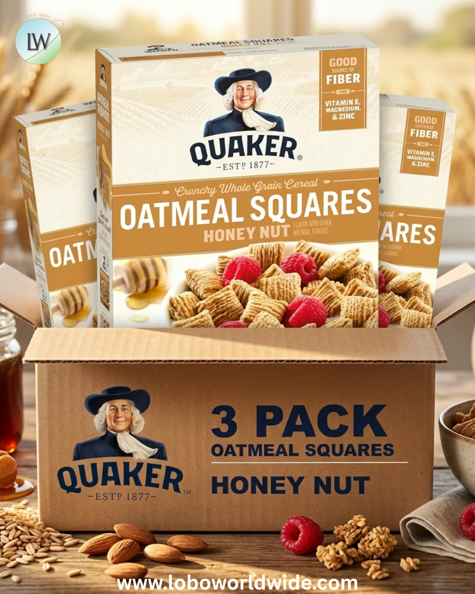 Quaker Oatmeal Squares Crunchy Whole Grain Breakfast Cereal, Honey Nut, 14.5 Oz Boxes (Pack of 3)