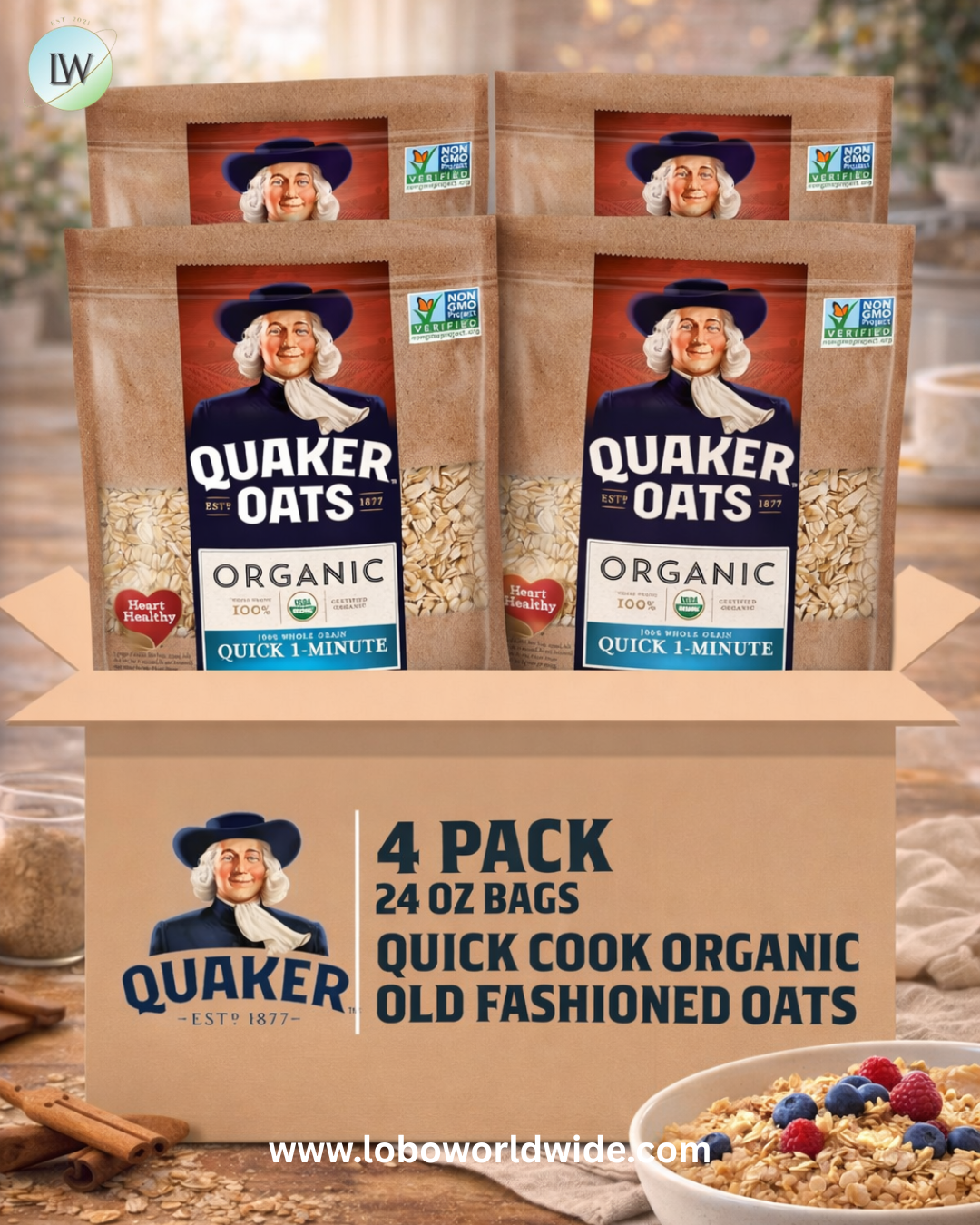 Quaker Organic Quick Cook Oatmeal, Breakfast Cereal, Non-GMO Project Verified, 24 Oz(Pack of 4)