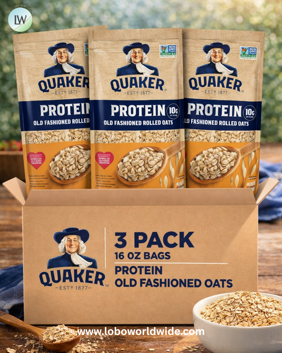 Quaker Protein Old Fashioned Rolled Oats, 10g Protein per Serving, Whole Grains, No Preservatives, No Artificial Flavors, 16 oz Bag (Pack of 3)