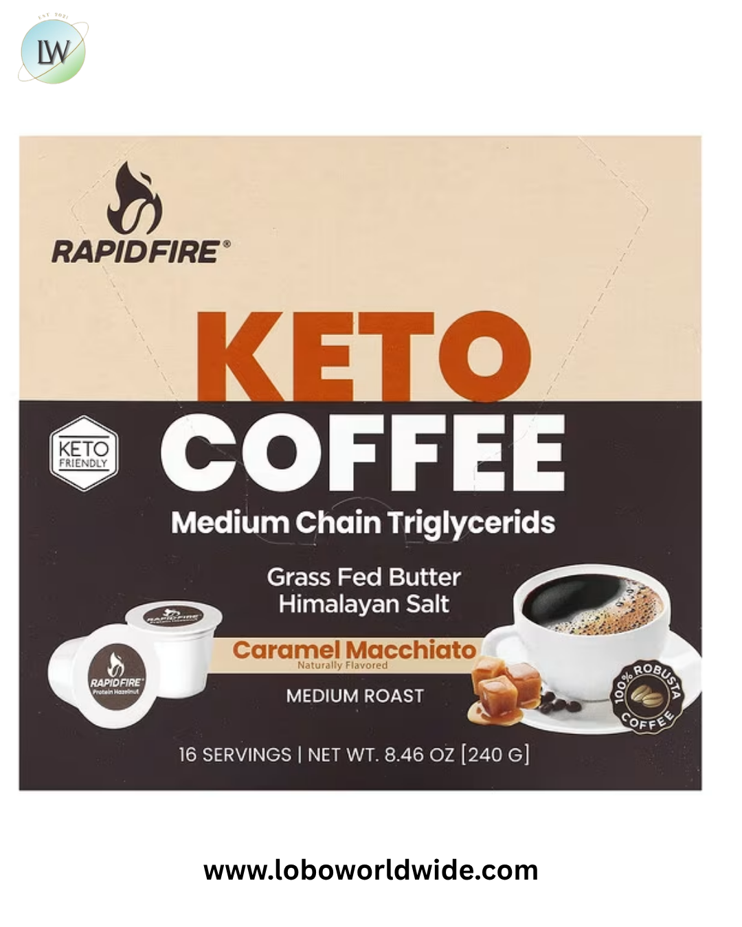 RAPIDFIRE, Keto Coffee Pod, Caramel Macchiato, Medium Roast, 16 Pods, 8.46 oz (240 g)