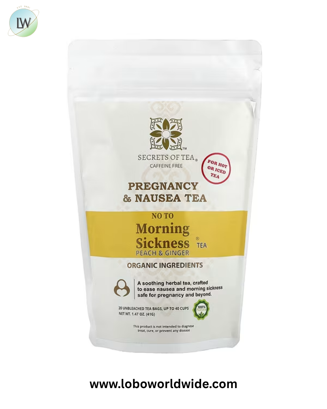 Secrets of Tea, No To Morning Sickness® Tea, Peach & Ginger, Caffeine Free, 20 Unbleached Tea Bags, 1.47 oz (41 g)