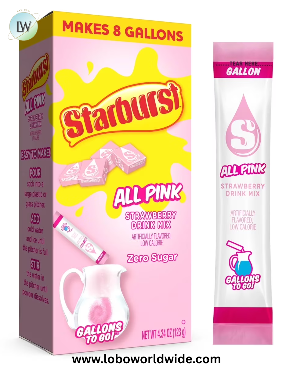 Starburst Zero Sugar Gallons-to-Go Powdered Drink Mix, All Pink Strawberry, 8 Count Gallon Pitcher Packets