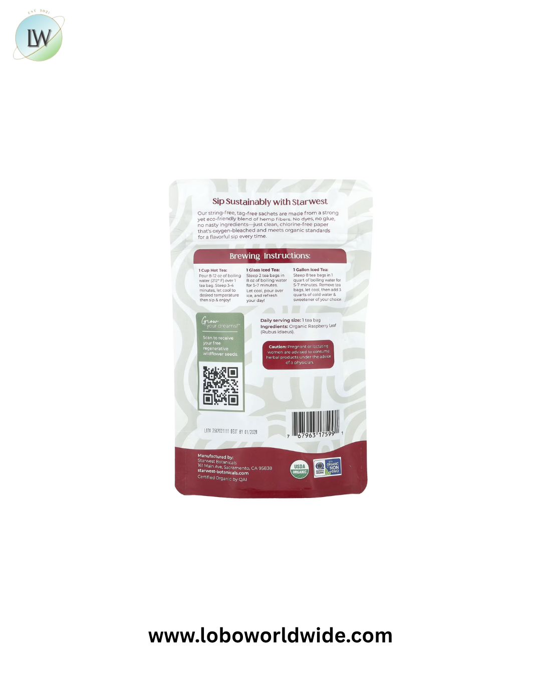 Starwest Botanicals, Organic Raspberry Leaf Tea, 20 Tea Bags, 1.04 oz (30 g)