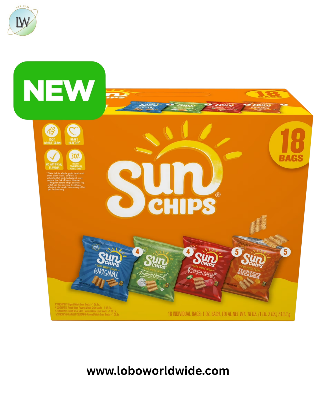 SunChips 100% Whole Grain Snacks, 4 Flavor Variety Pack, 1 oz, 18 Count