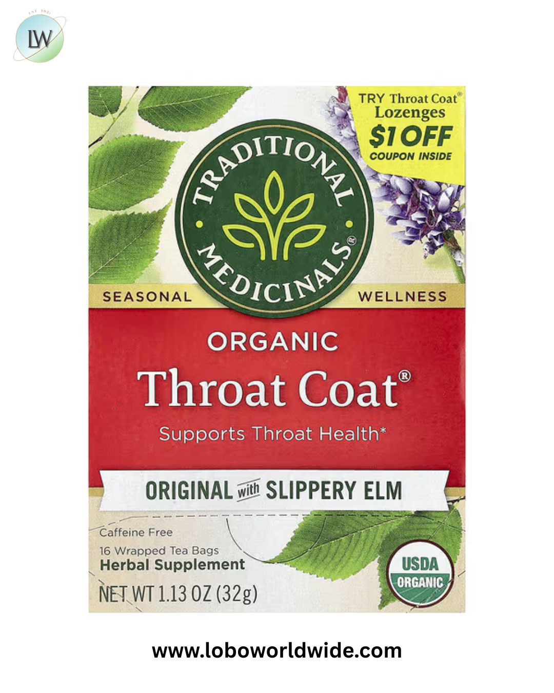 Traditional Medicinals, Organic Throat Coat®, Original with Slippery Elm, Caffeine Free, 16 Wrapped Tea Bags, 1.13 oz (32 g)