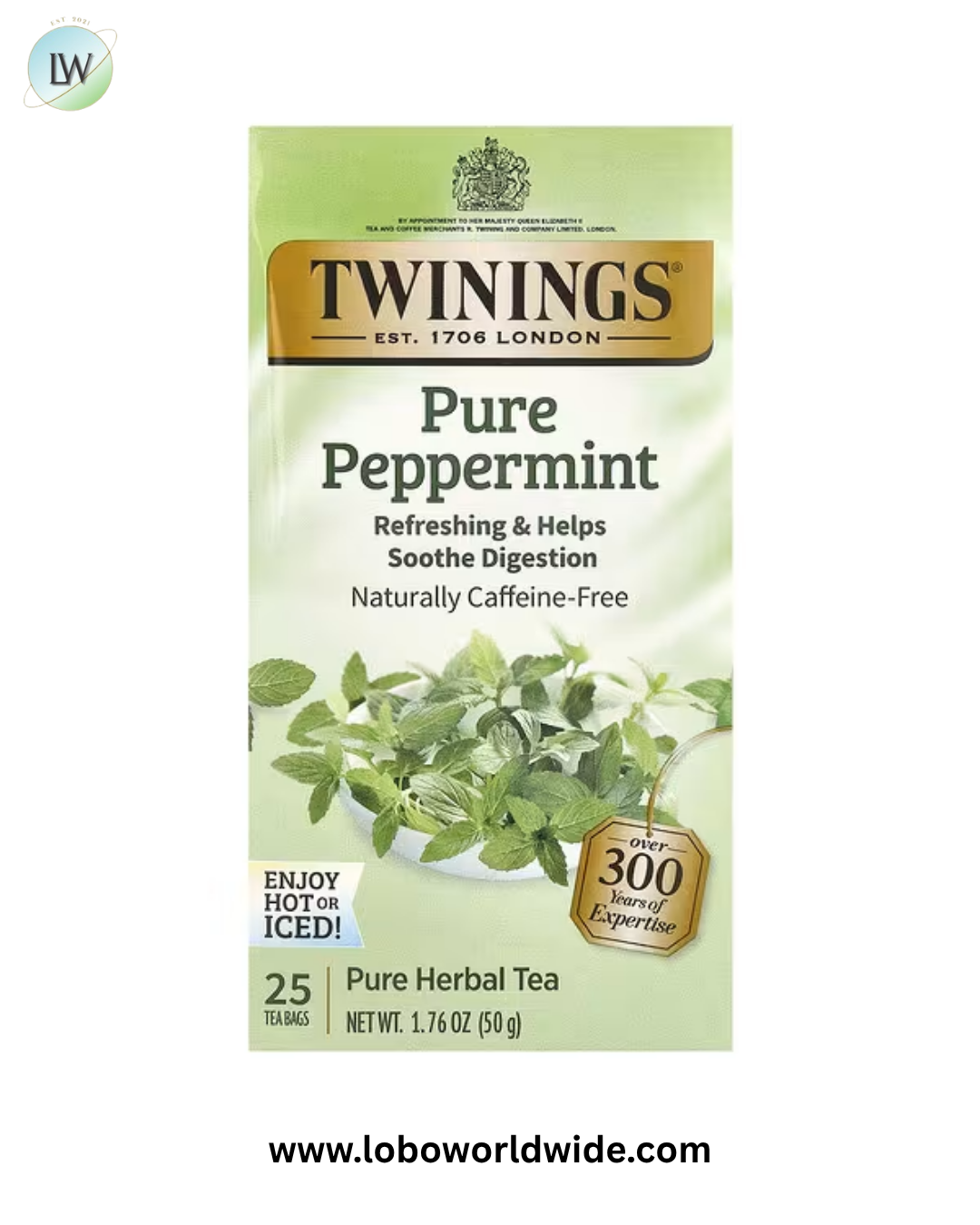 Twinings, Pure Herbal Tea, Pure Peppermint, Caffeine Free, 25 Tea Bags, 1.76 oz (50 g)
