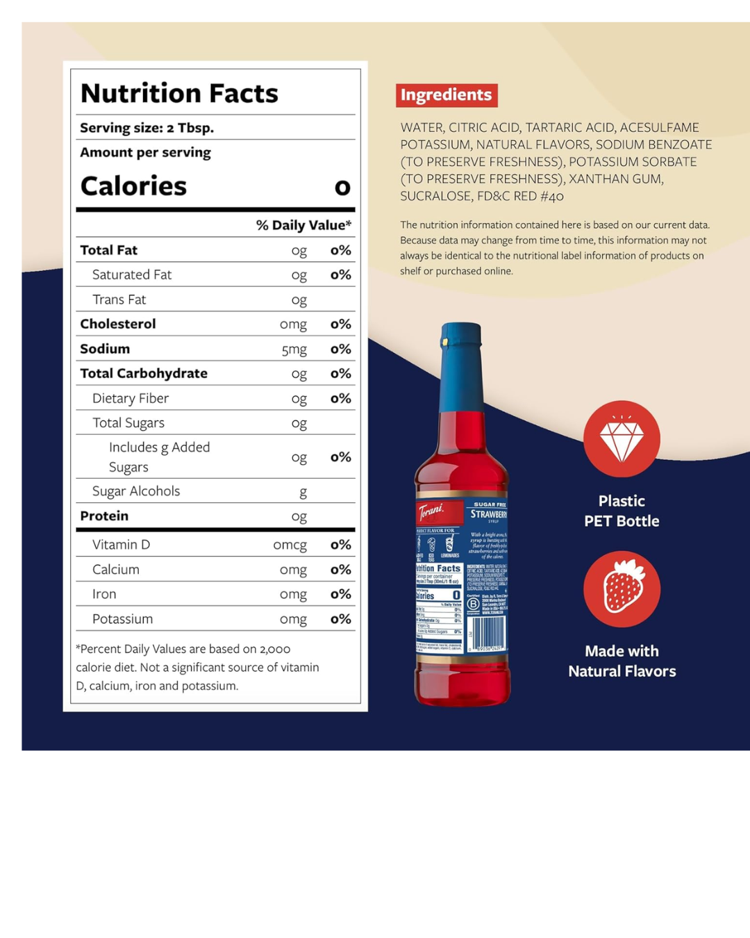Torani Sugar Free Strawberry Flavoring / Fruit Syrup 750 mL