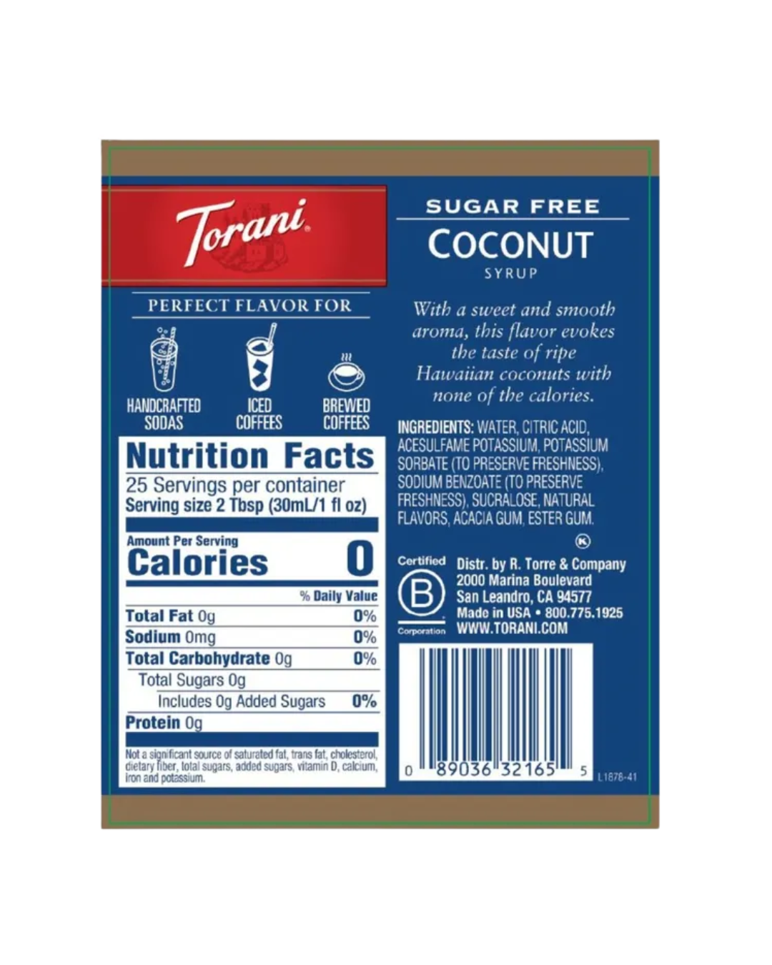 Torani Sugar Free Coconut Flavoring Syrup 750 mL