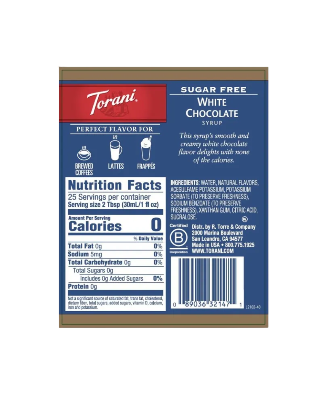 Torani Sugar Free White Chocolate Flavoring Syrup 750 mL