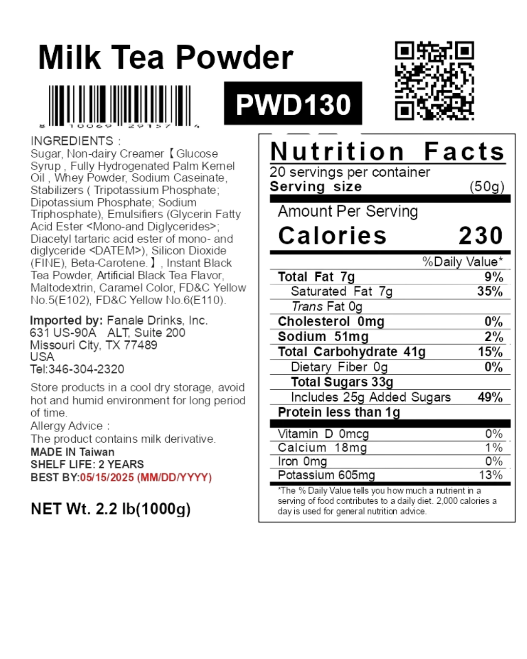 Fanale 2.2 lb. Milk Tea Powder Mix