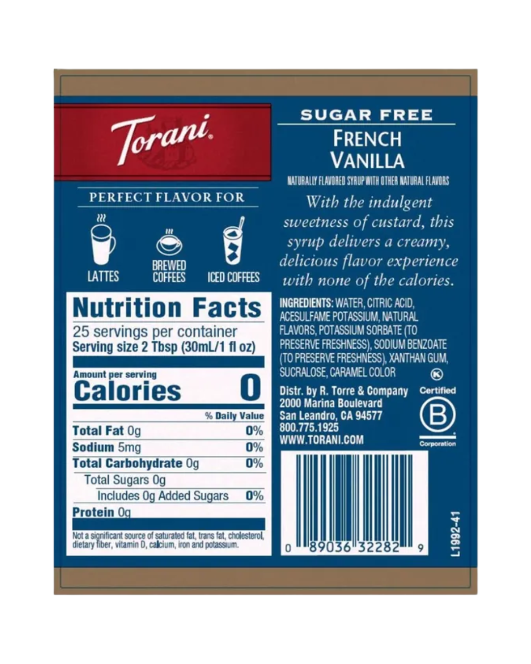 Torani Sugar Free French Vanilla Flavoring Syrup 750 mL
