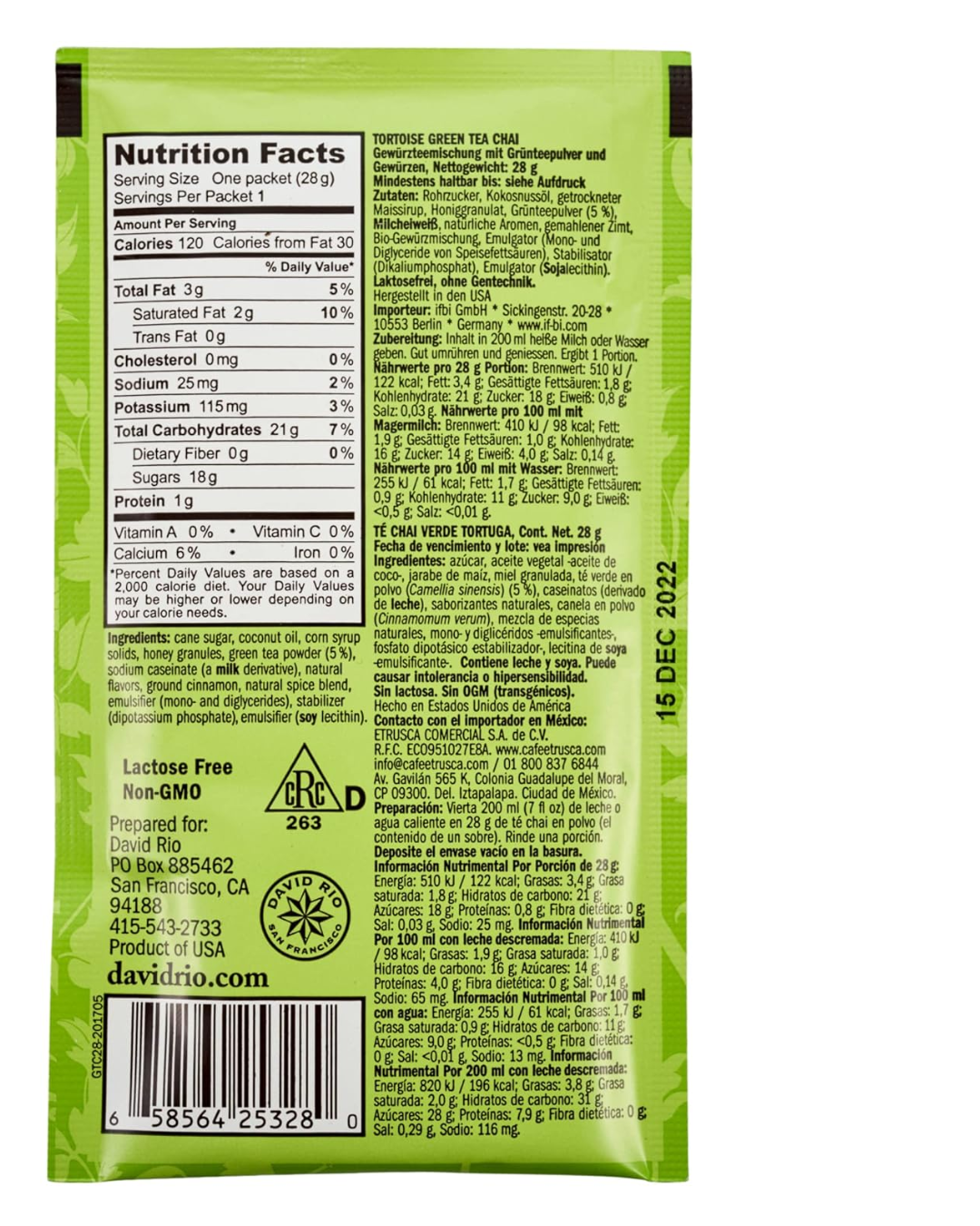 David Rio Tortoise Green Tea Chai Tea Latte Single Serve Packets - 12/Box