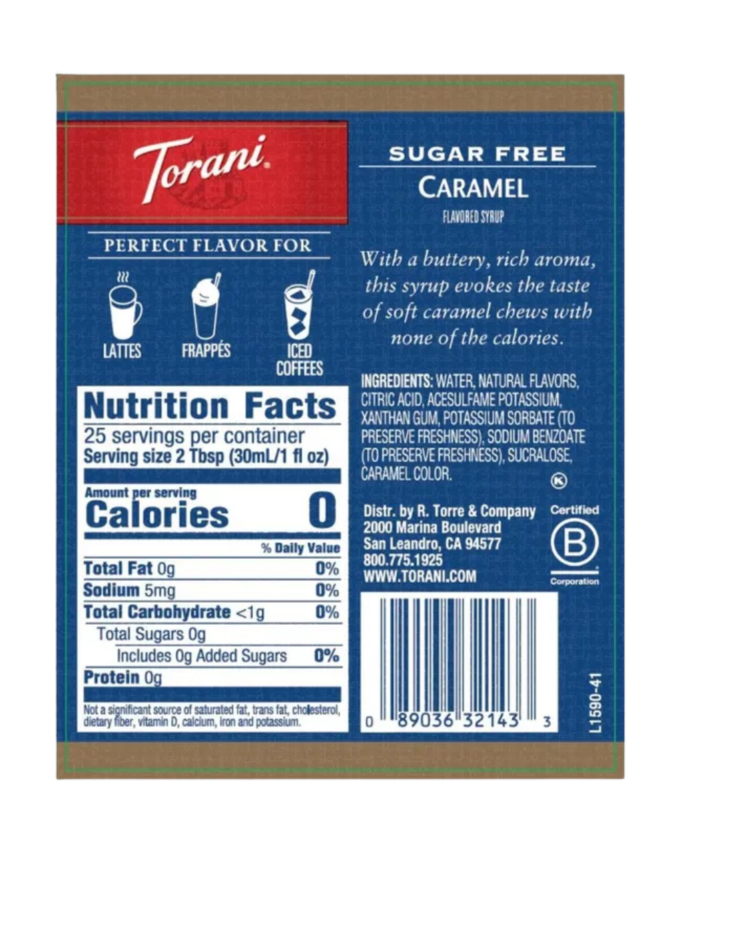 Torani Sugar Free Caramel Flavoring Syrup 750 mL