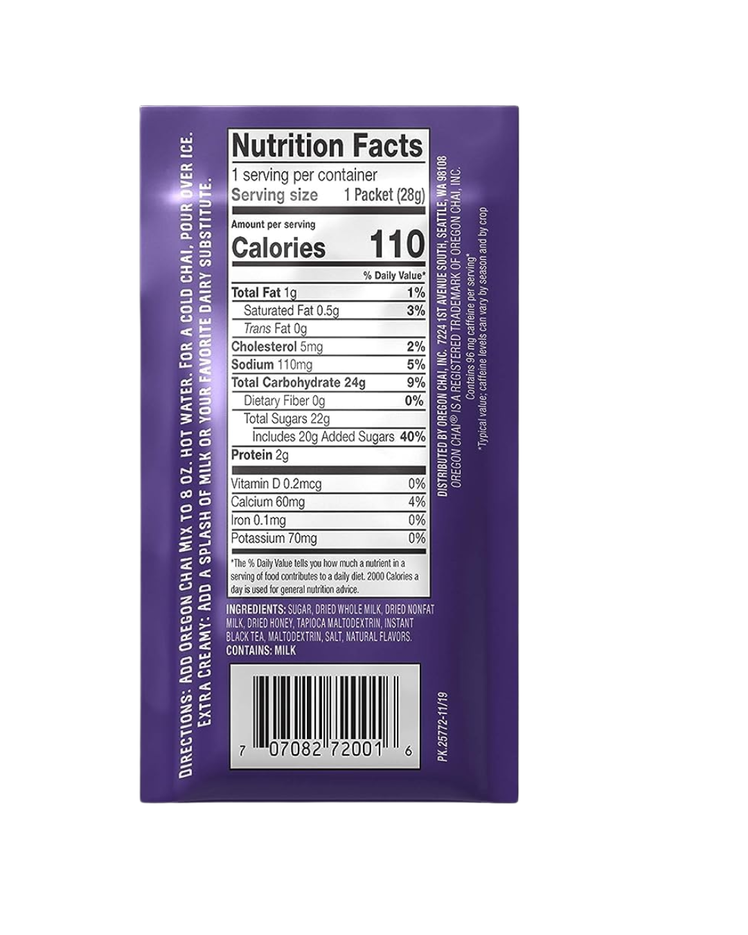 Oregon Chai Single-Serve Packets Vanilla Chai Dry Mix - 48/Case