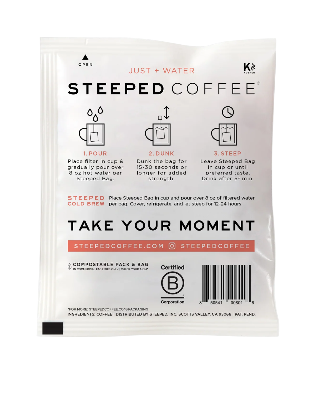 Steeped Coffee California Blend Coffee Single Serve Bag - 100/Case