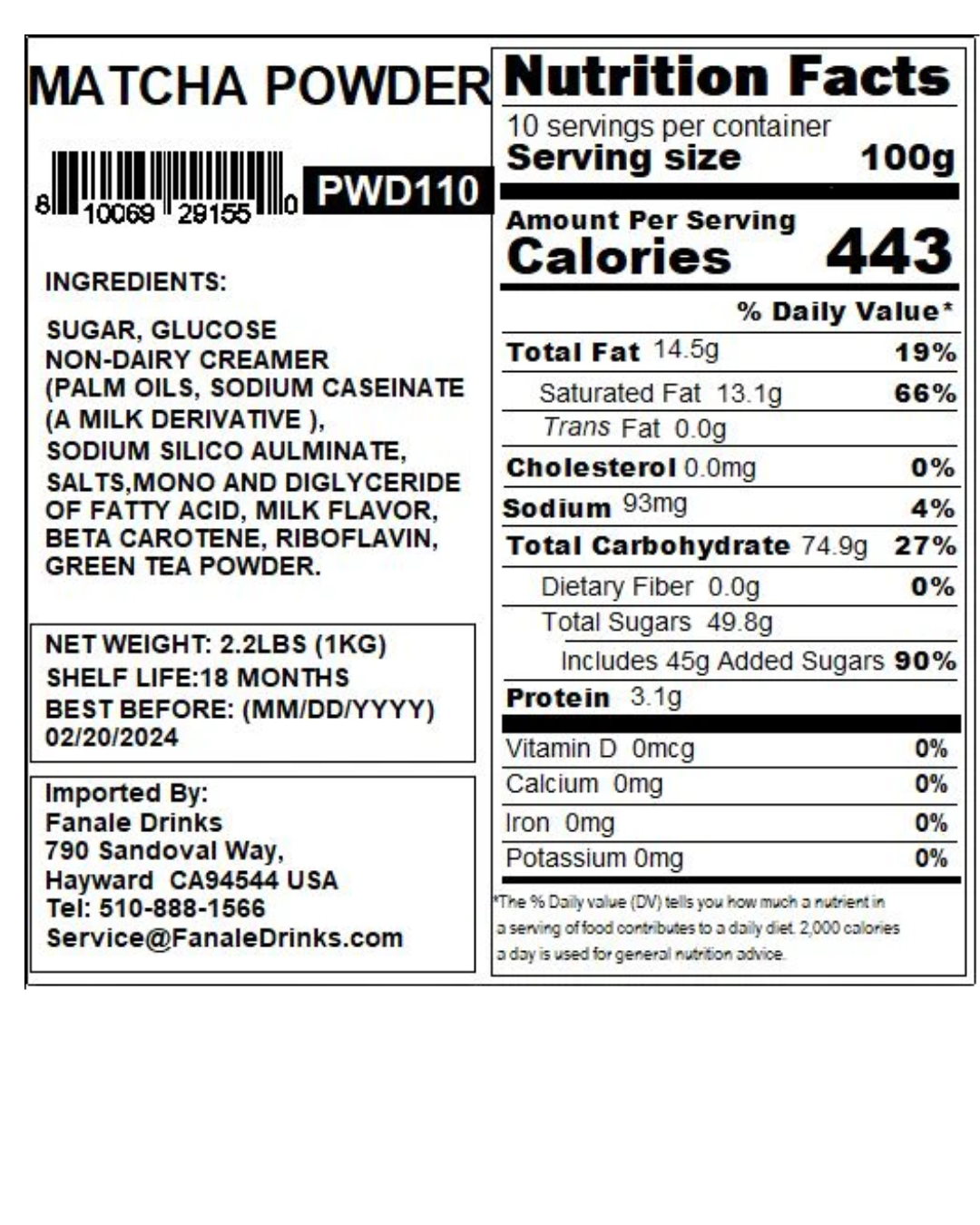 Fanale Matcha Green Tea Pure Powder Mix 2.2 lb.