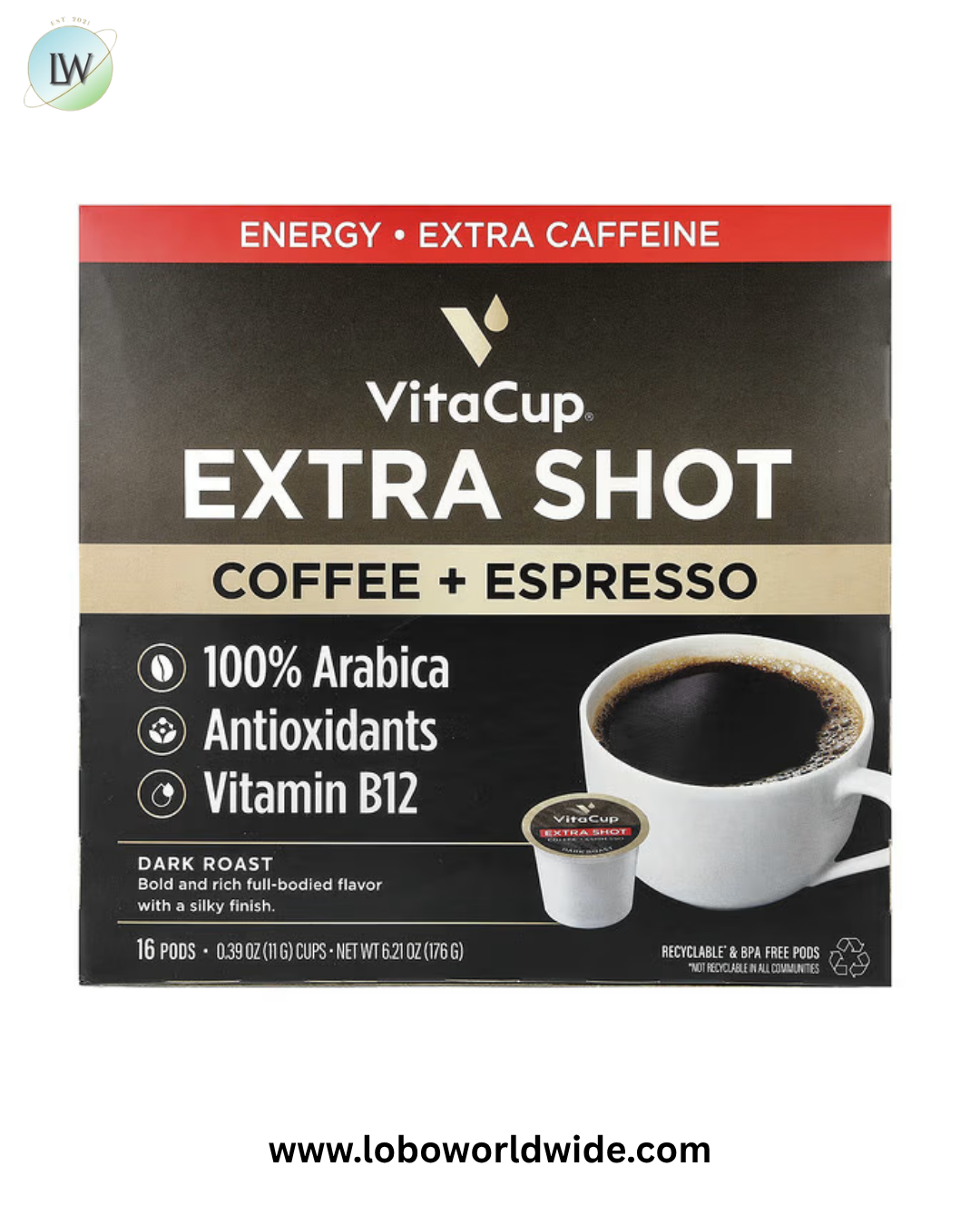 VitaCup, Extra Shot, Coffee + Espresso, Dark Roast, 16 Pods, 0.39 oz (11 g) Each