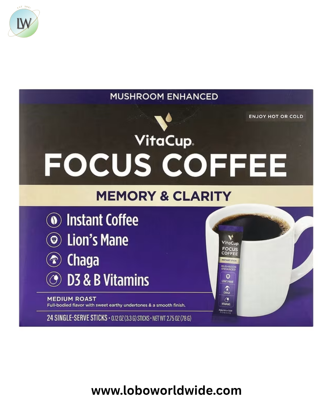VitaCup, Focus Instant Coffee, Medium Roast, 24 Single-Serve Sticks, 0.12 oz (3.3 g) Each