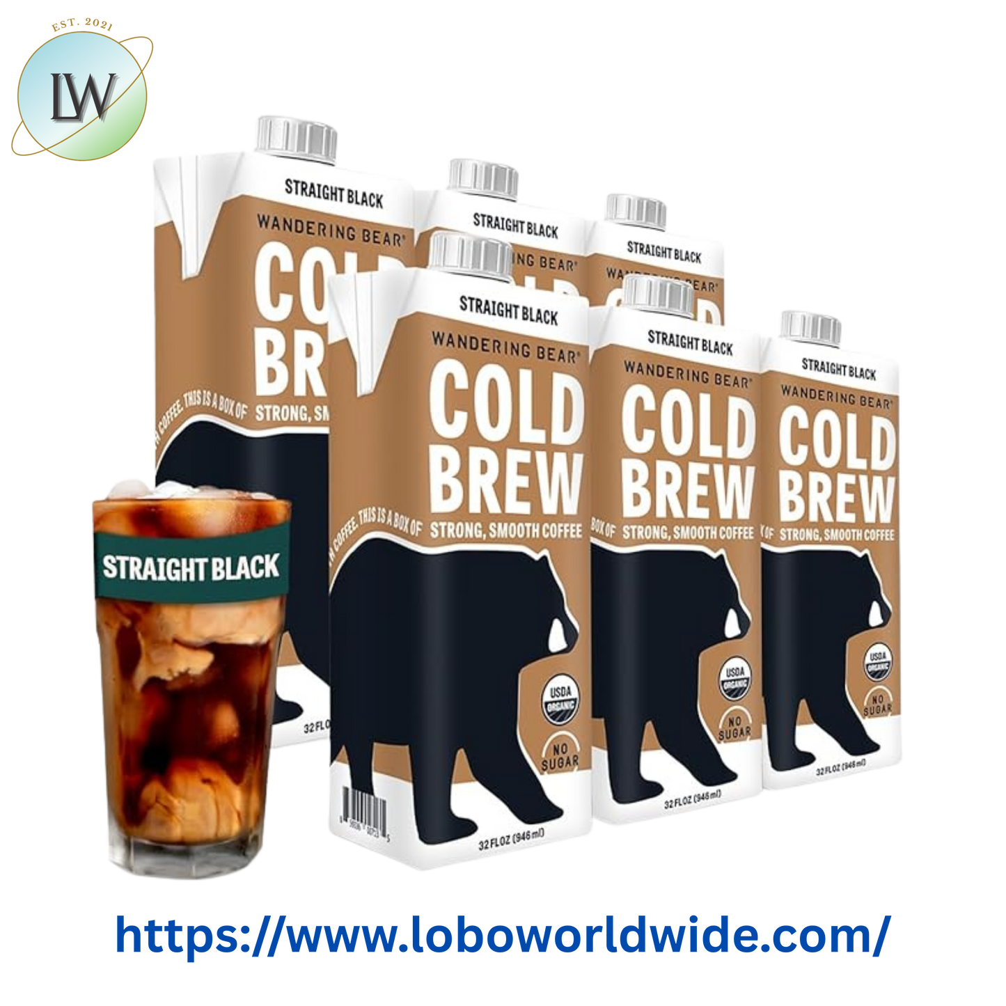 Wandering Bear Organic Straight Black Cold Brew Coffee 32 fl. oz. - 6/Case