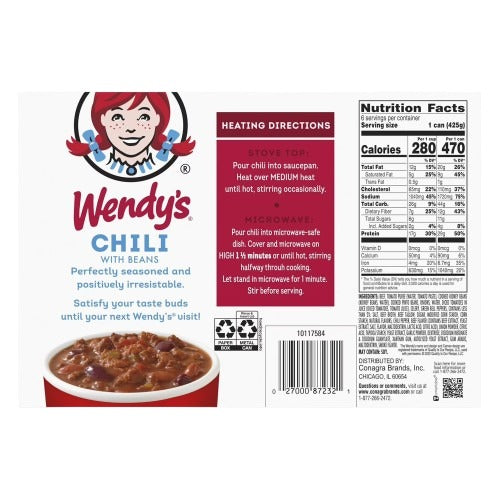 Wendy's Chili With Beans, 15 oz., 6 pk.