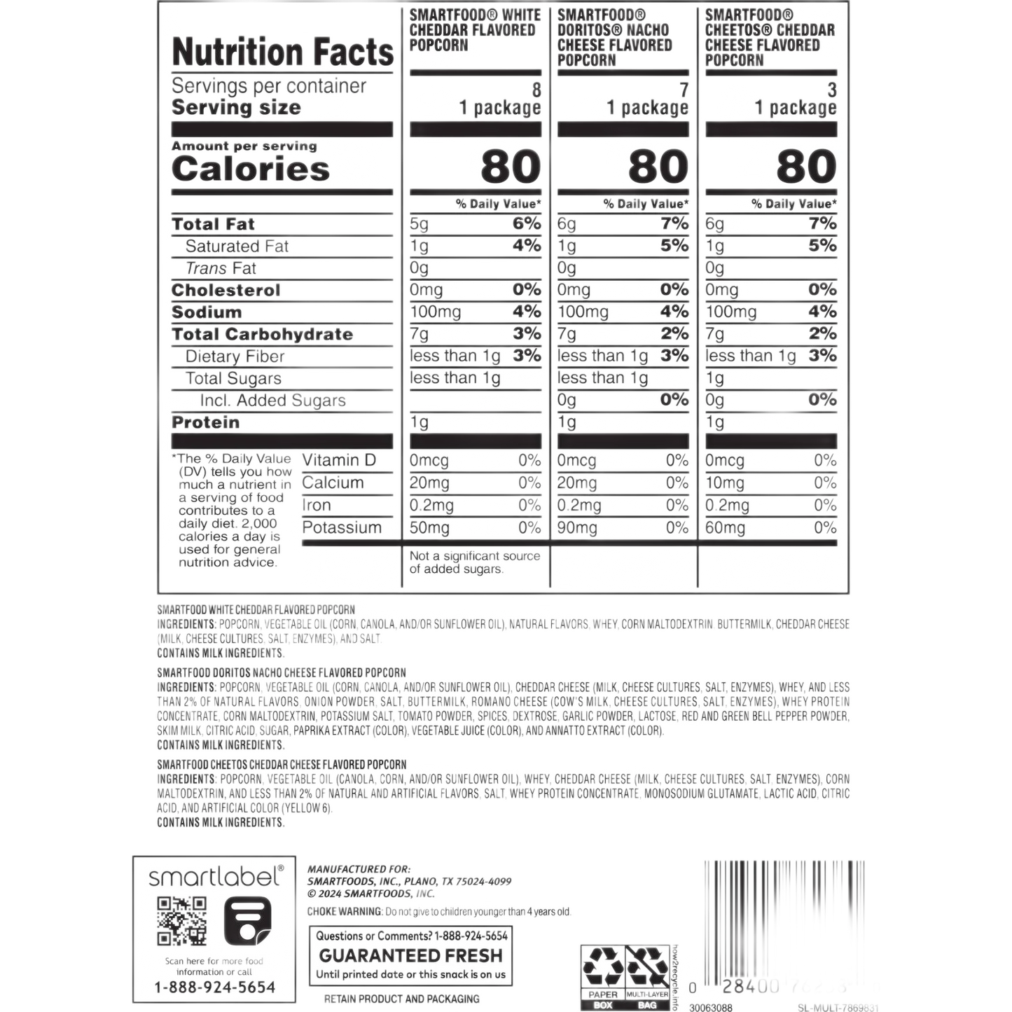 Smartfood Flavored Popcorn 3 Flavor Variety Pack Snack Chips, 0.5 oz Bags, 18 Count Multipack