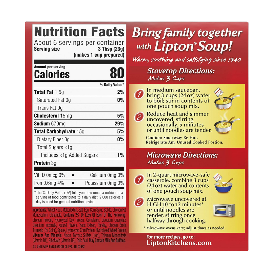 Lipton Instant Extra Noodle Soup Mix, Real Chicken Broth 4.9 oz, (12 Pack)