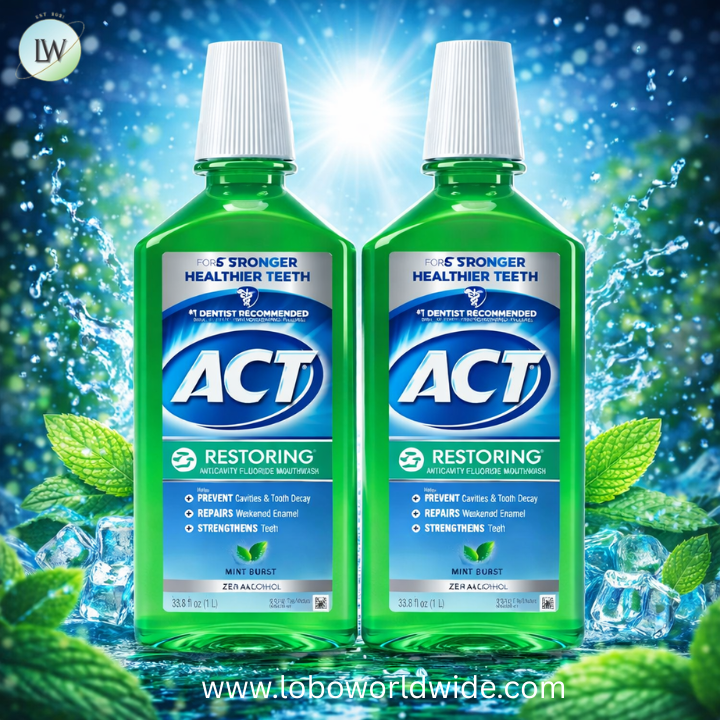 ACT Restoring Zero Alcohol Fluoride Mouthwash 33.8 fl. oz. Strengthens Tooth Enamel, Mint Burst (Pack of 2)