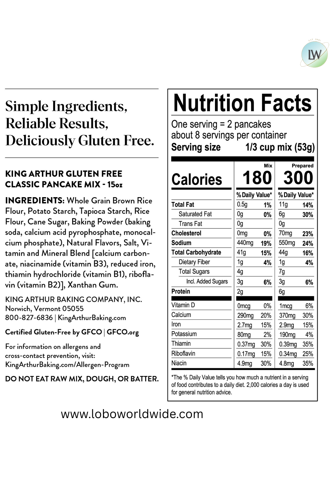 King Arthur Baking Company, Gluten-Free, Pancake Mix, 15 oz.
