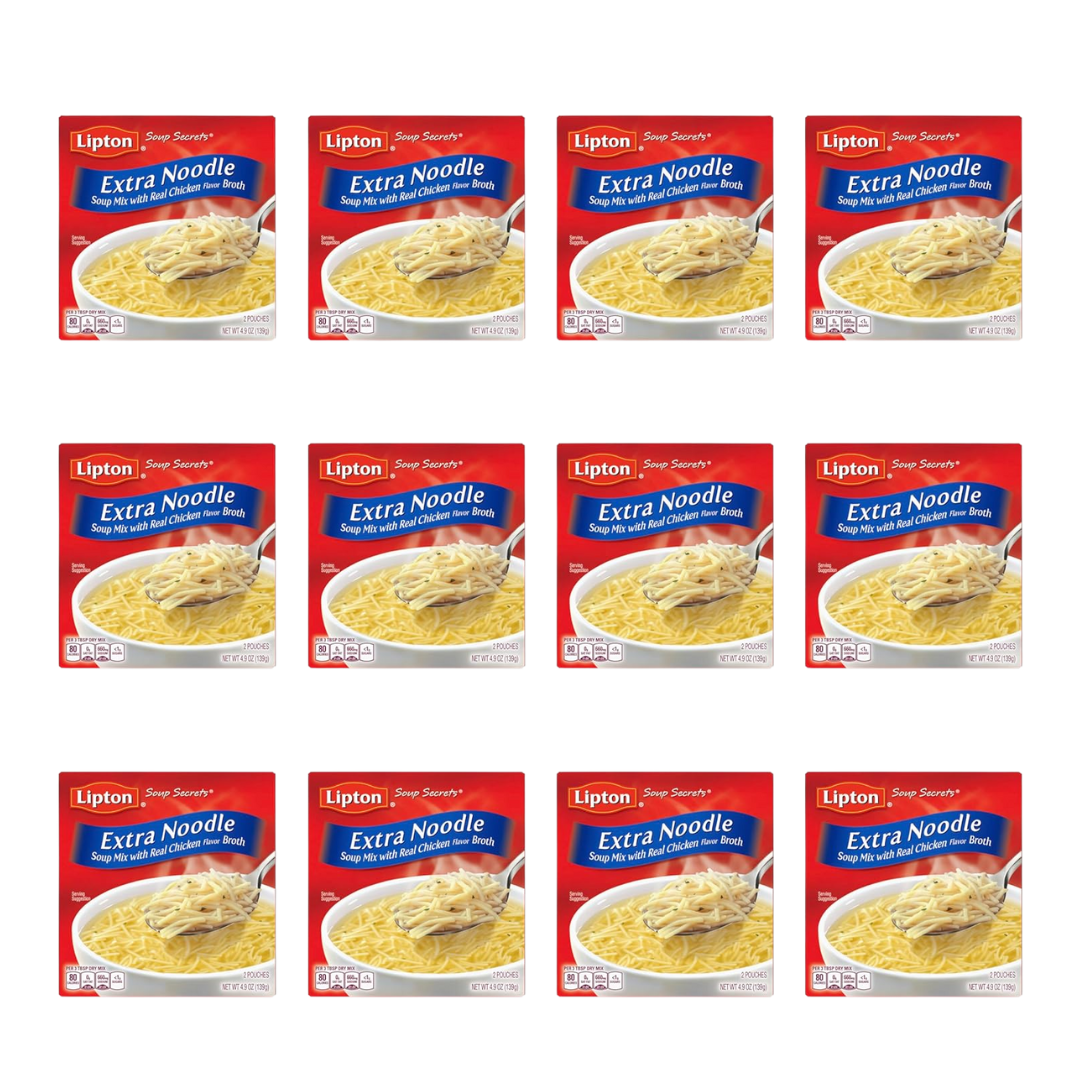 Lipton Instant Extra Noodle Soup Mix, Real Chicken Broth 4.9 oz, (12 Pack)