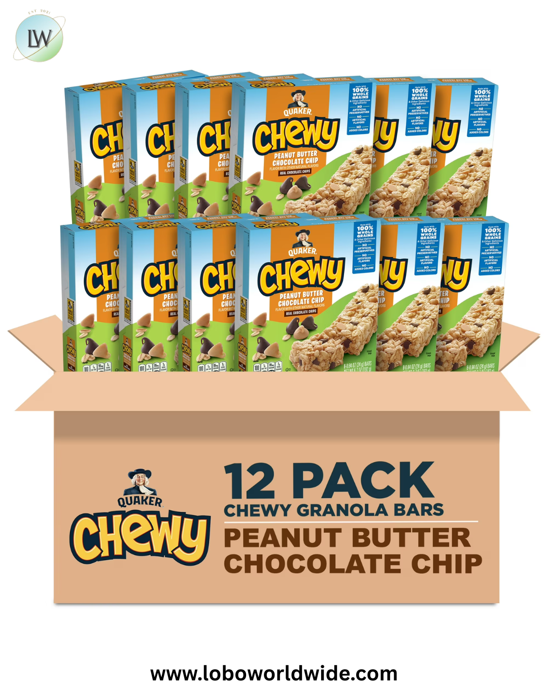 (12 pack) Quaker Oats Peanut Butter Choco Chip Granola Bars - Individually Wrapped - Peanut Butter, Chocolate Chip - 6.70 oz - 96 / Carton