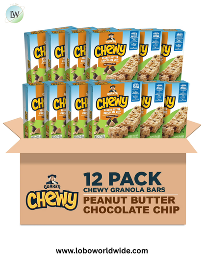 (12 pack) Quaker Oats Peanut Butter Choco Chip Granola Bars - Individually Wrapped - Peanut Butter, Chocolate Chip - 6.70 oz - 96 / Carton