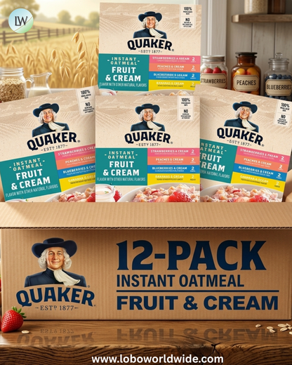 (12 pack) Quaker Instant Oatmeal, Fruit & Cream Variety, 8ct