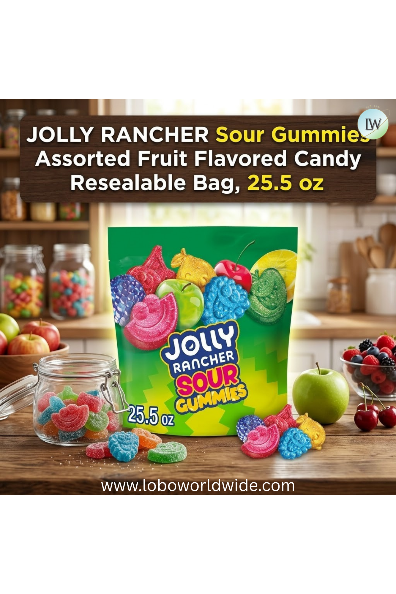 JOLLY RANCHER Sour Gummies Assorted Fruit Flavored Candy Resealable Bag, 25.5 oz