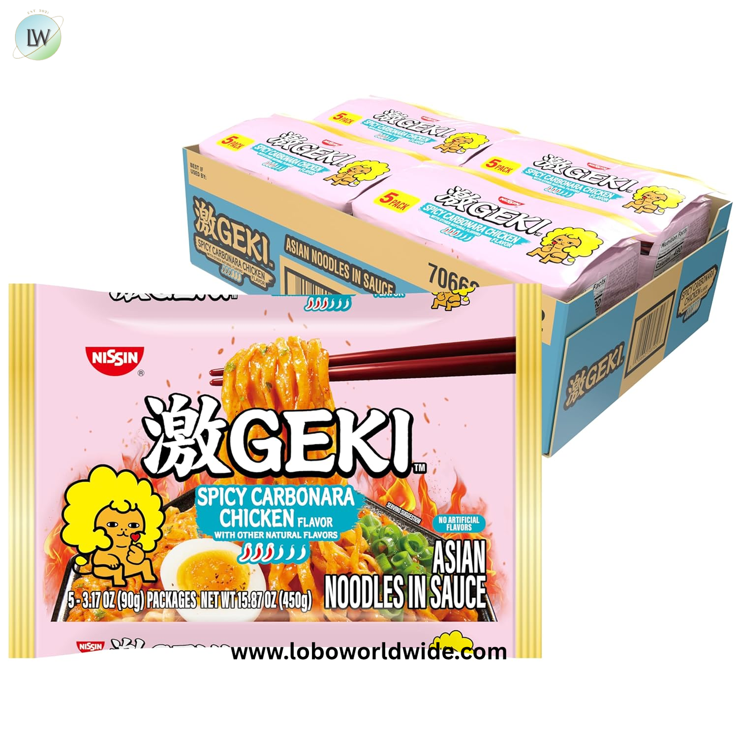 Nissin Geki Chili Infused Asian Noodles, Spicy Carbonara Chicken (Pack of 20)