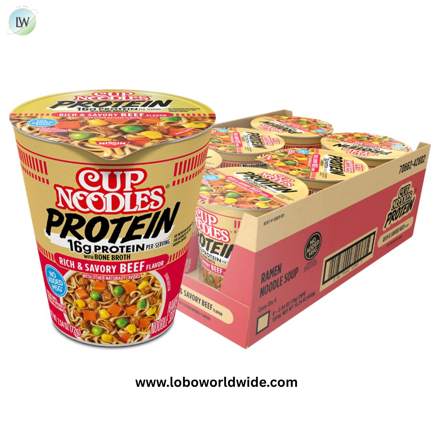 Nissin Cup Noodles Protein Ramen, Beef Flavor with Bone Broth, 16g Protein, 2.54 Ounce Cup (Pack of 6)