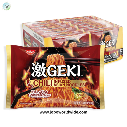 Nissin Geki Chili Infused Asian Noodles, Fiery Hot Chicken Flavor, 3.17 Ounce (Pack of 12)