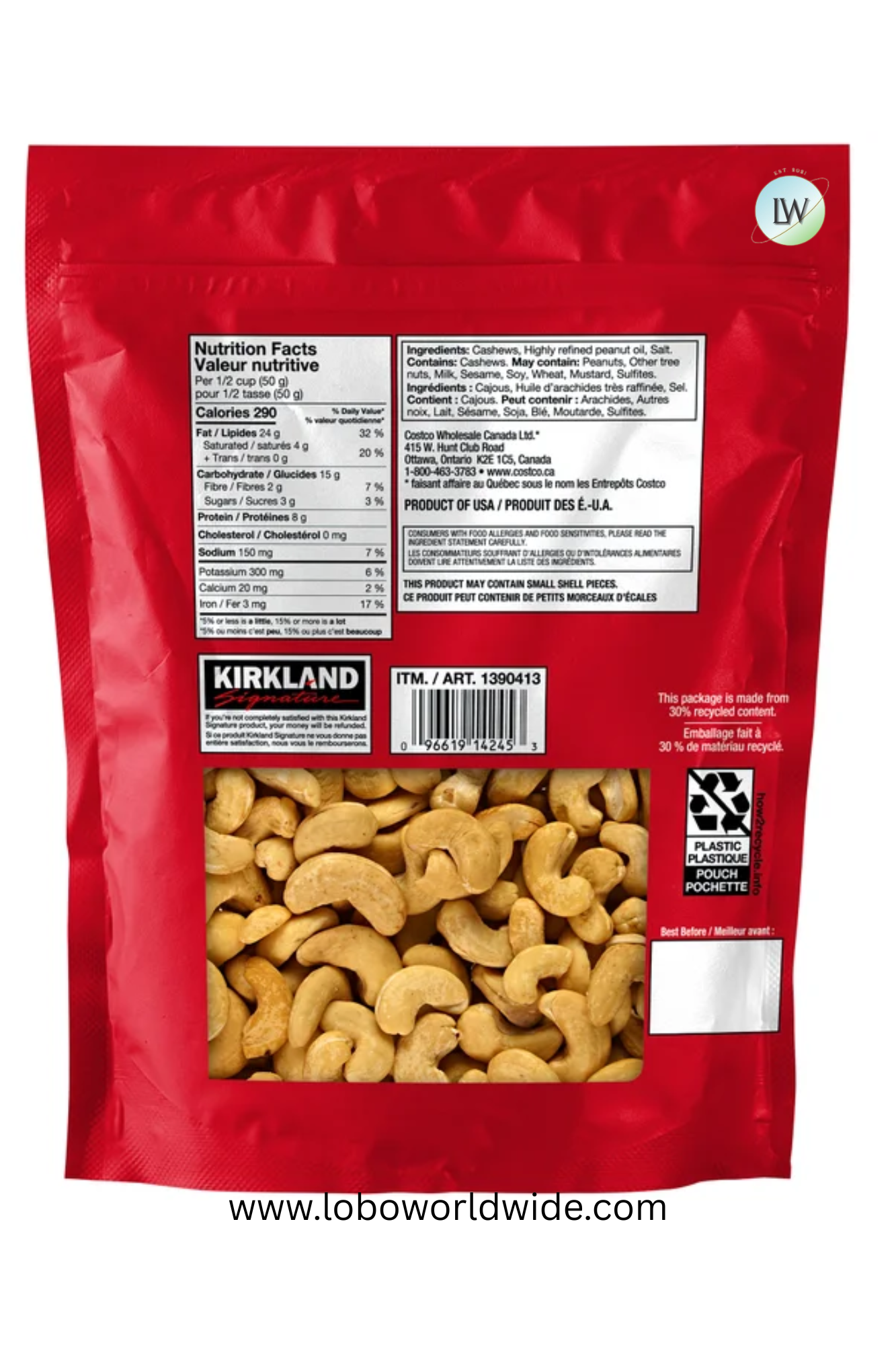Kirkland Signature Roasted Whole Cashews with Salt, 1.13 kg