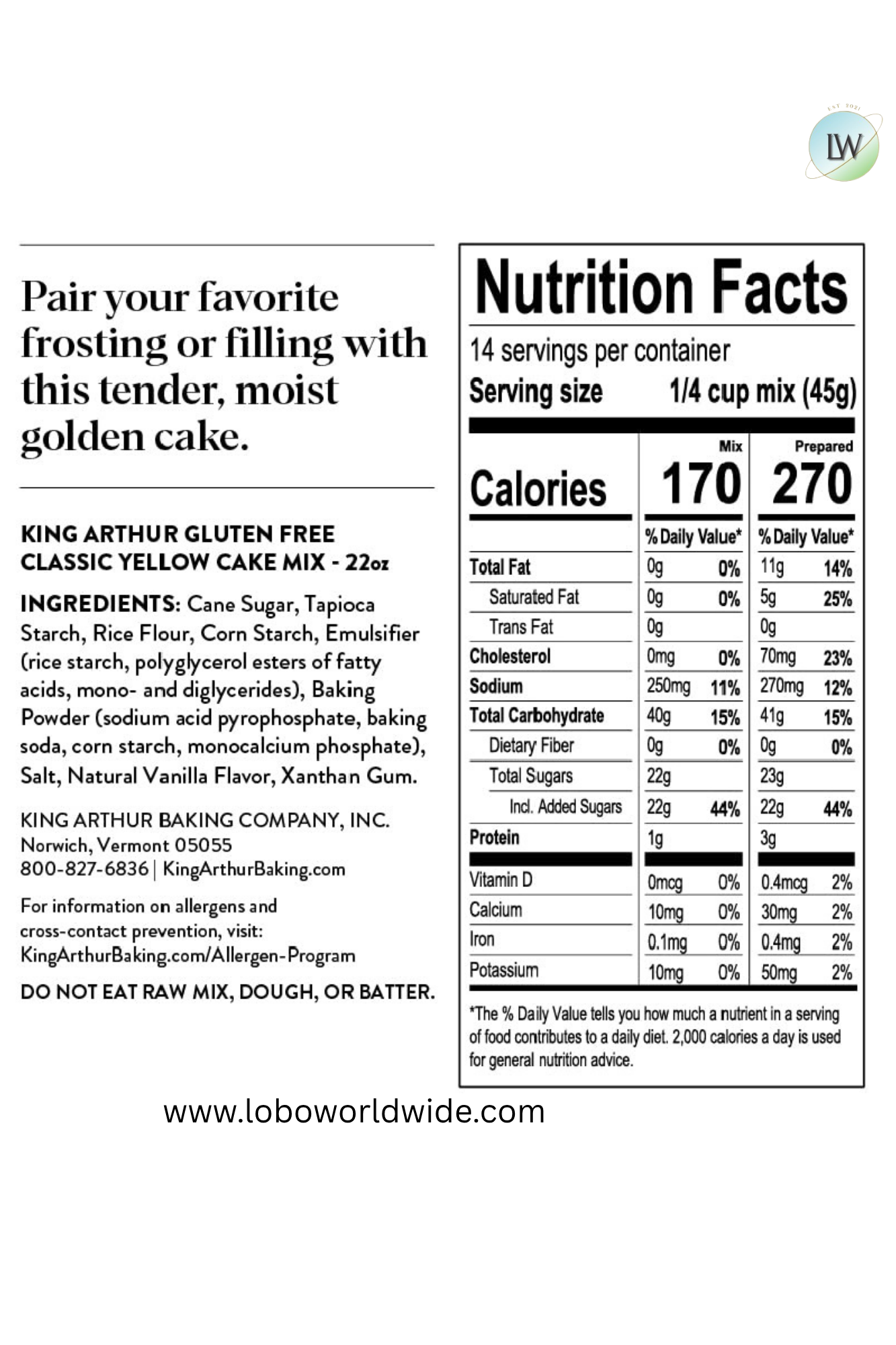 King Arthur, Gluten-Free Yellow Cake Mix  22oz