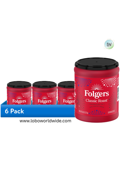 (6 pack)Folgers Ground Coffee, Medium Roast, 9.6 oz Canister
