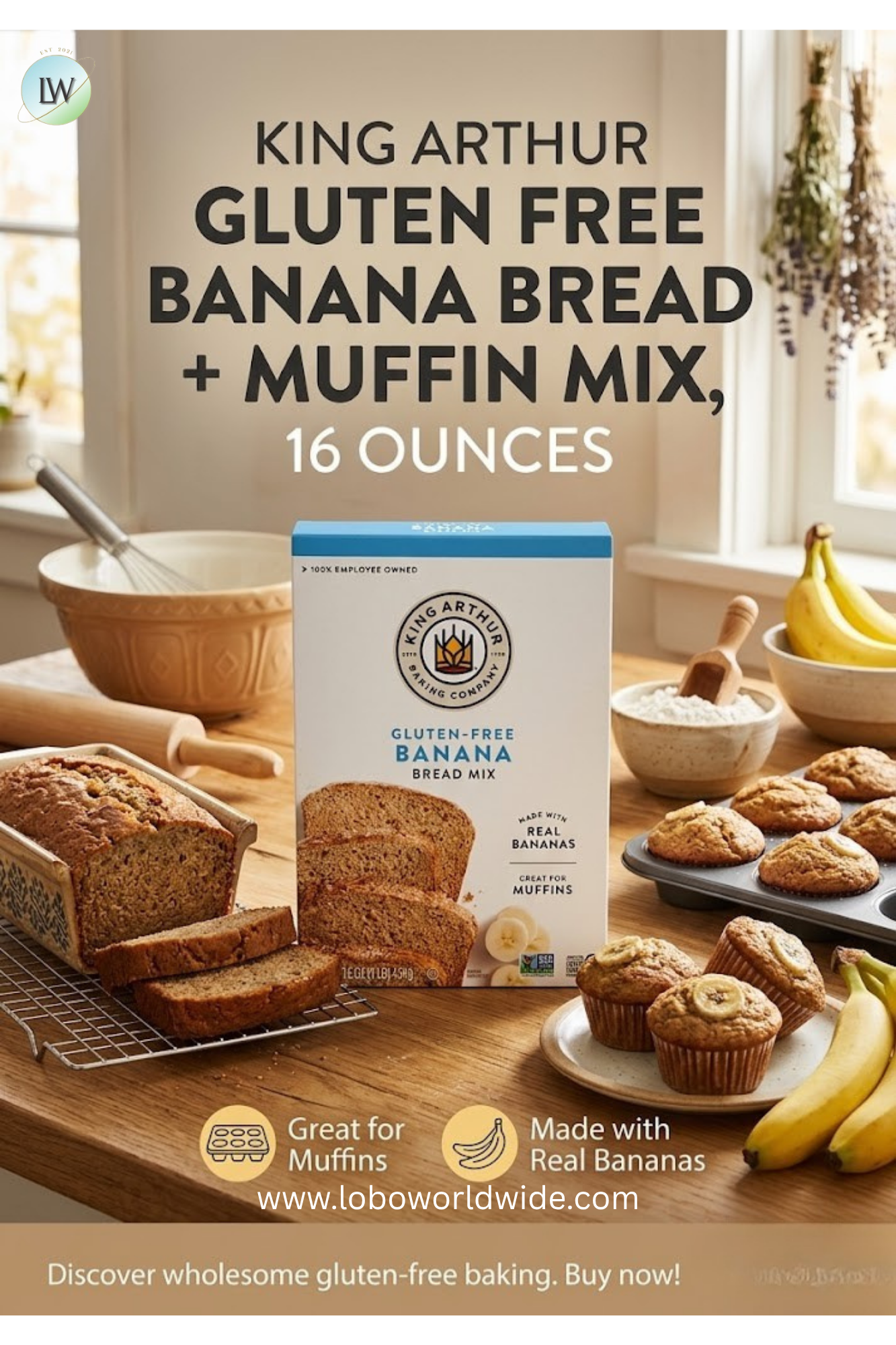 King Arthur, Gluten Free Banana Bread + Muffin Mix, Gluten-Free 16oz